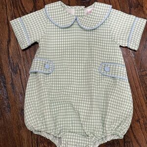 Boys boutique Stitchy Fish gingham Peter Pan collar romper bubble 3 months